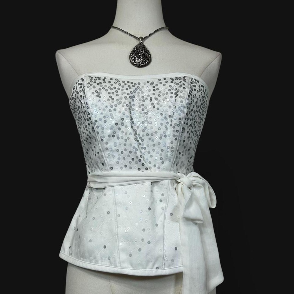 White House Black Market White Sequin Peplum Top Womens 0 Glam Party Evening - Picture 2 of 8
